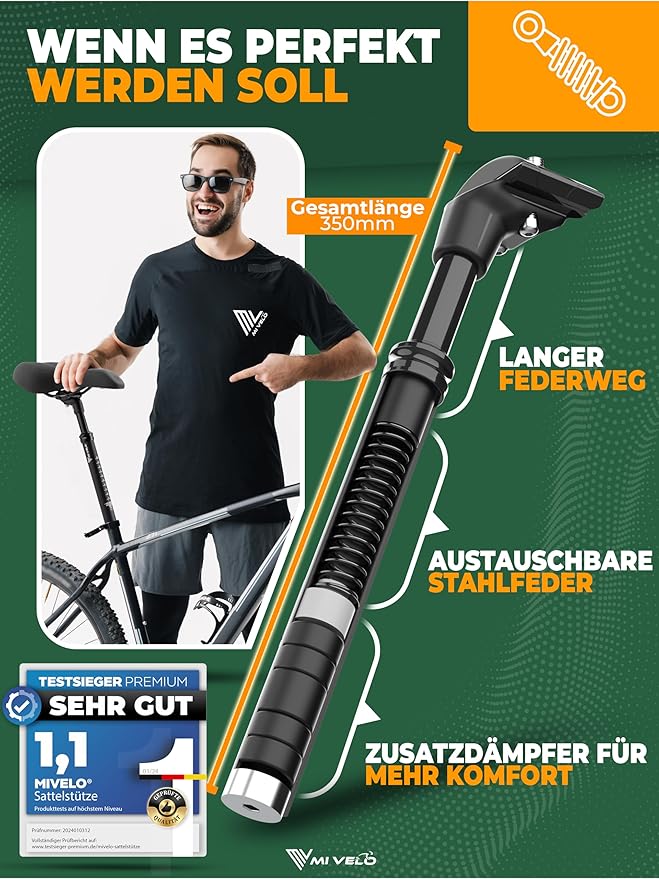 Tige de selle suspendue MIVELO – Réglable – Poids max. 120 kg – Ø 30,9 mm – Noir