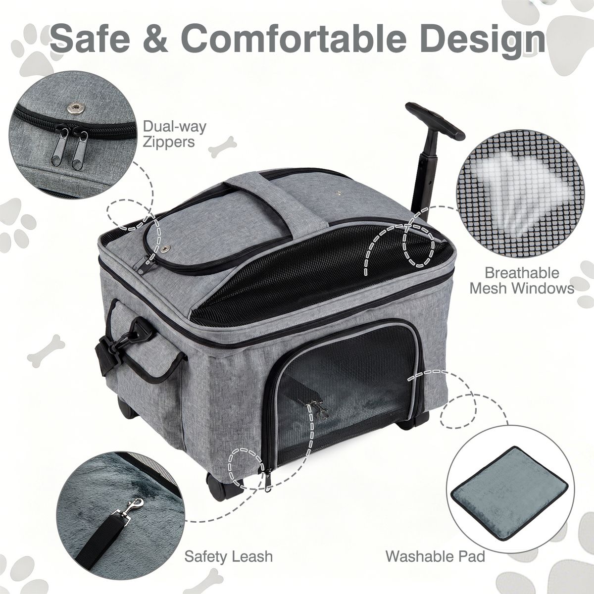 Coast : cage de transport pliable pour chats et petits chiens - avec roulettes - 3 modes de transport - gris