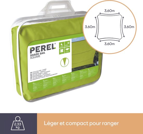 Perel Toile d'ombrage, hydrofuge, 3,6 x 3,6 m, 160 g/m², polyester, carré, vert lime