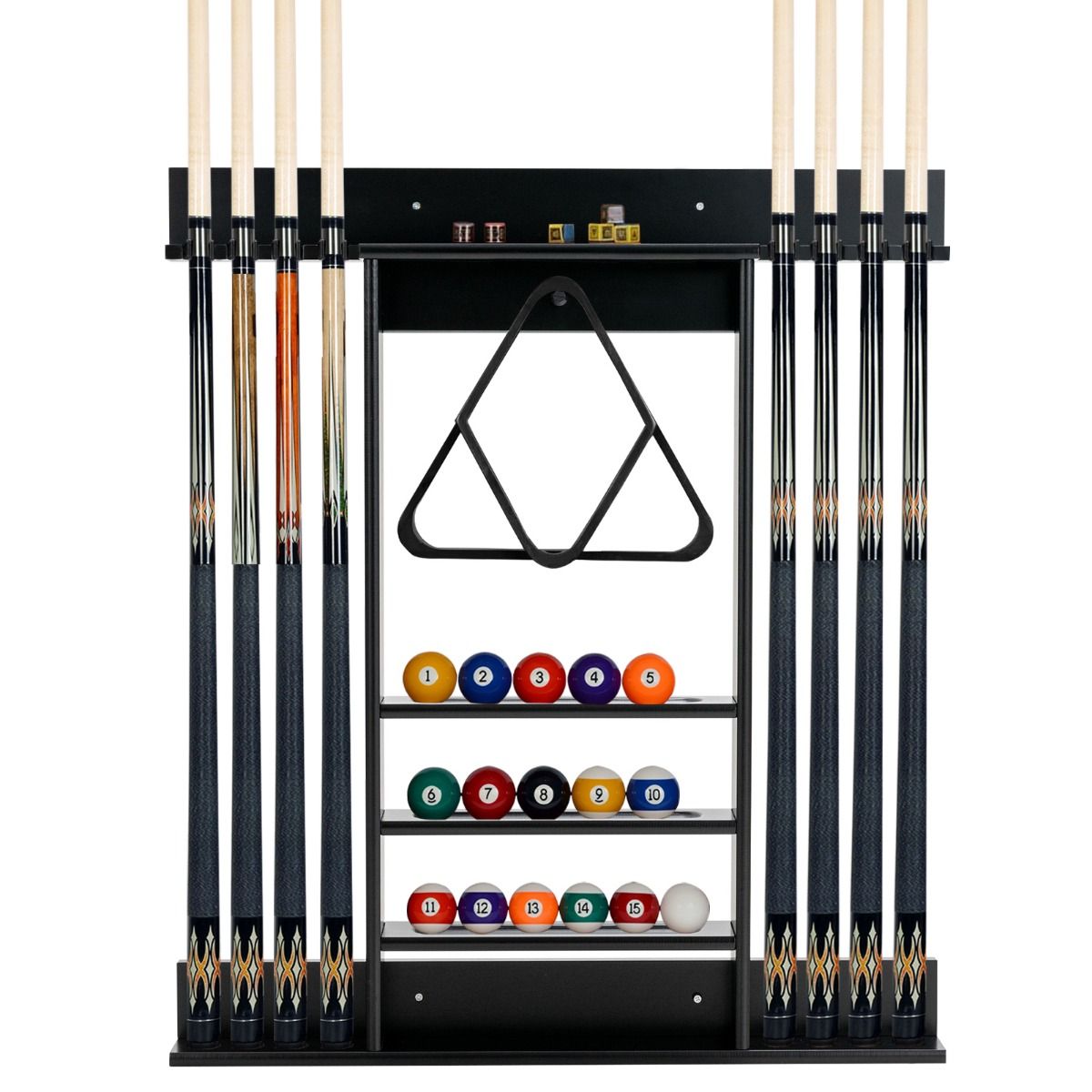 Porte-queues de billard Coast à fixation murale, en bois de pin noir – Pour 8 queues, 15 boules de billard et 1 support de boule – 79 x 8 x 91 cm