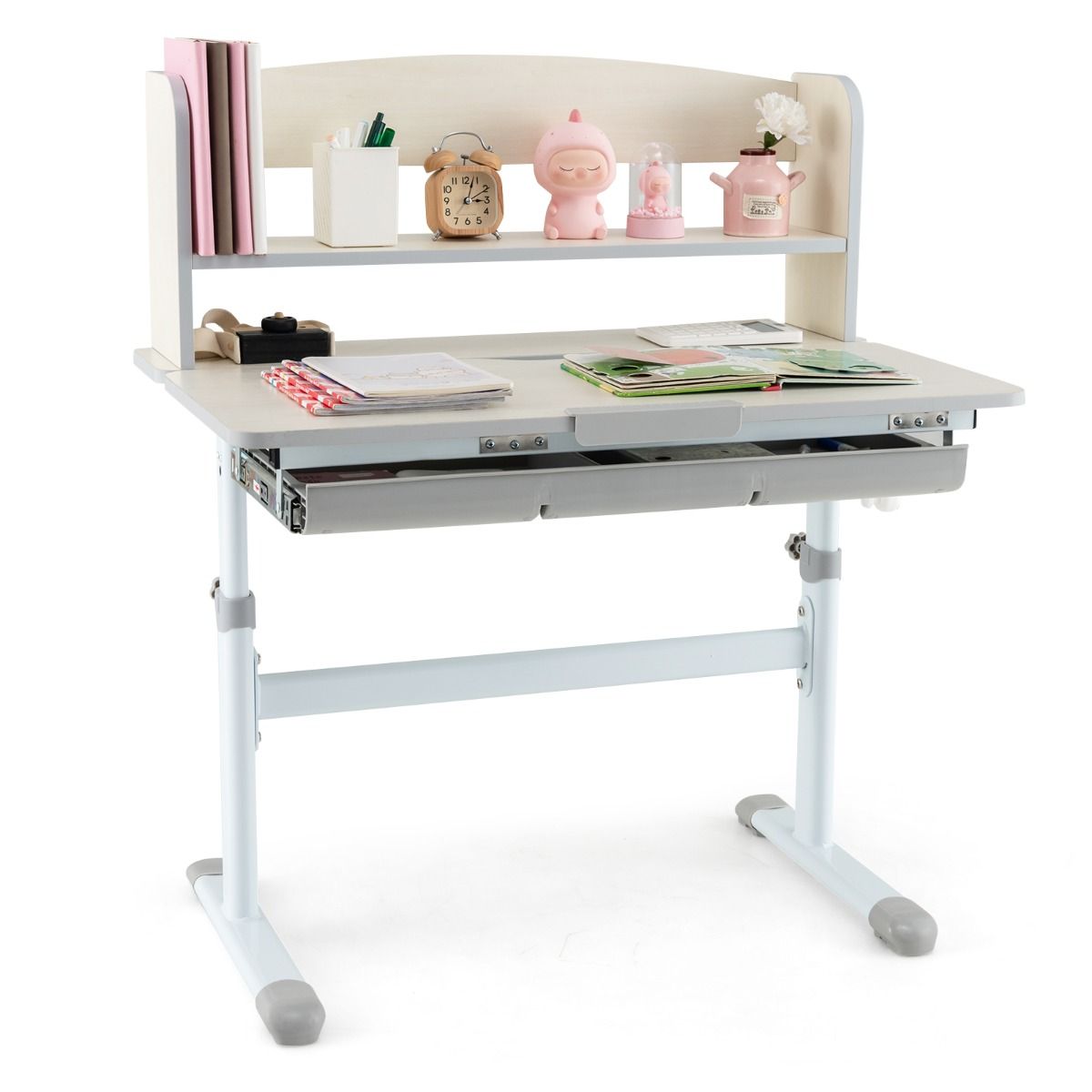 Bureau pour enfant Coast - Réglable en hauteur - Plateau inclinable - Avec tiroir et compartiment de rangement - 80 x 51 x 81,5-104 cm - Rose