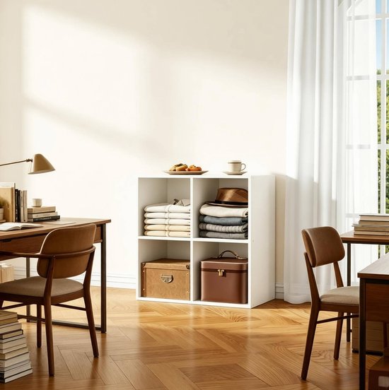 Étagère FloraGrace – Étagère ouverte à 4 compartiments – 59,6 x 59,8 x 29,5 cm – Bois – Blanc – Meuble de rangement sur pied pour le salon ou le bureau