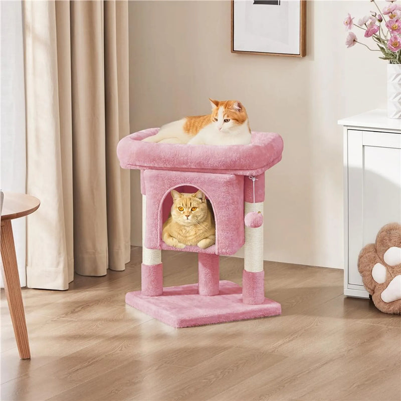 Yaheetech Scratch Post With Hammock - équipé d'un terrier pour chat, de deux poteaux en sisal et d'un endroit pour se coucher - pour chatons et petits chats - peluche rose clair et sisal - 40,5 x 40,5 x 59 cm