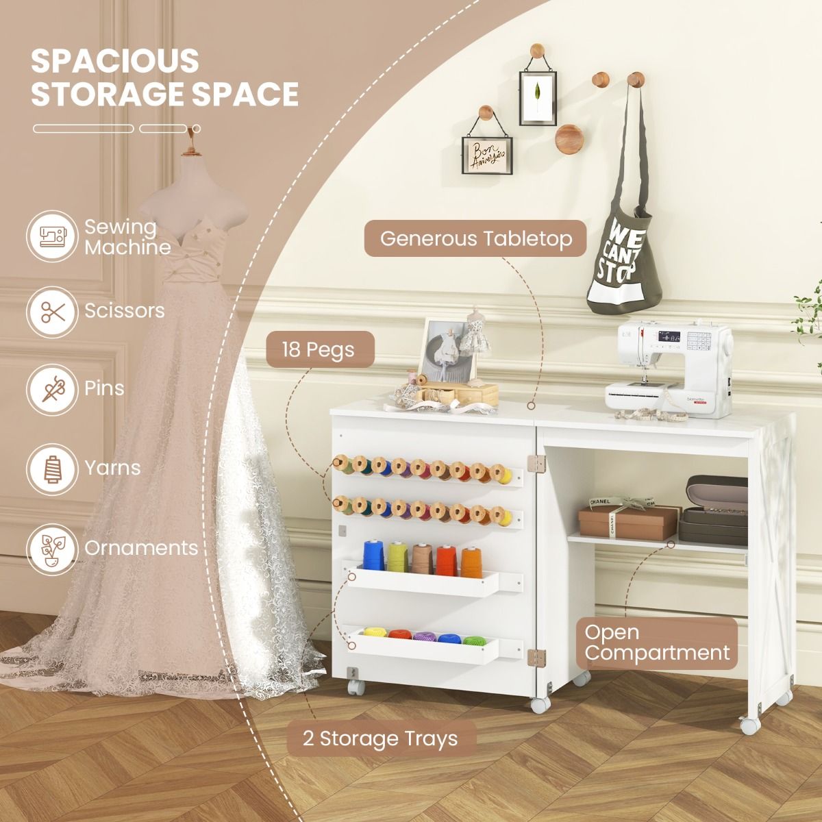 Table de couture pliable Coast avec porte de rangement - 5 roulettes verrouillables - blanche