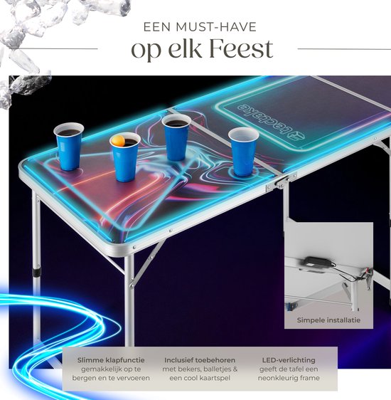 tectake® Table de Beer Pong - Avec décorations de fête - Eclairage LED - Table de Beer Pong réglable en hauteur et pliable - Jeu de boisson avec accessoires - 100x gobelets en plastique, 6x balles de ping pong, Jeu de cartes avec cartes