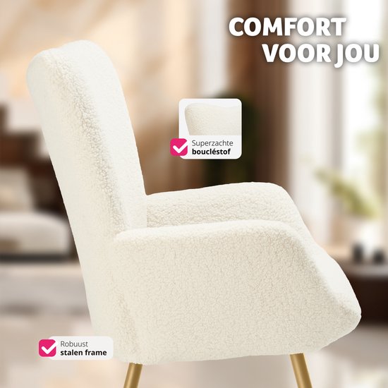 tectake® Fauteuil à oreilles de style scandinave - Teddy chair Hygge - Chaise de salon, chambre à coucher - Chaise longue - Pieds en métal doré - Capacité jusqu'à 150 kg - Crème