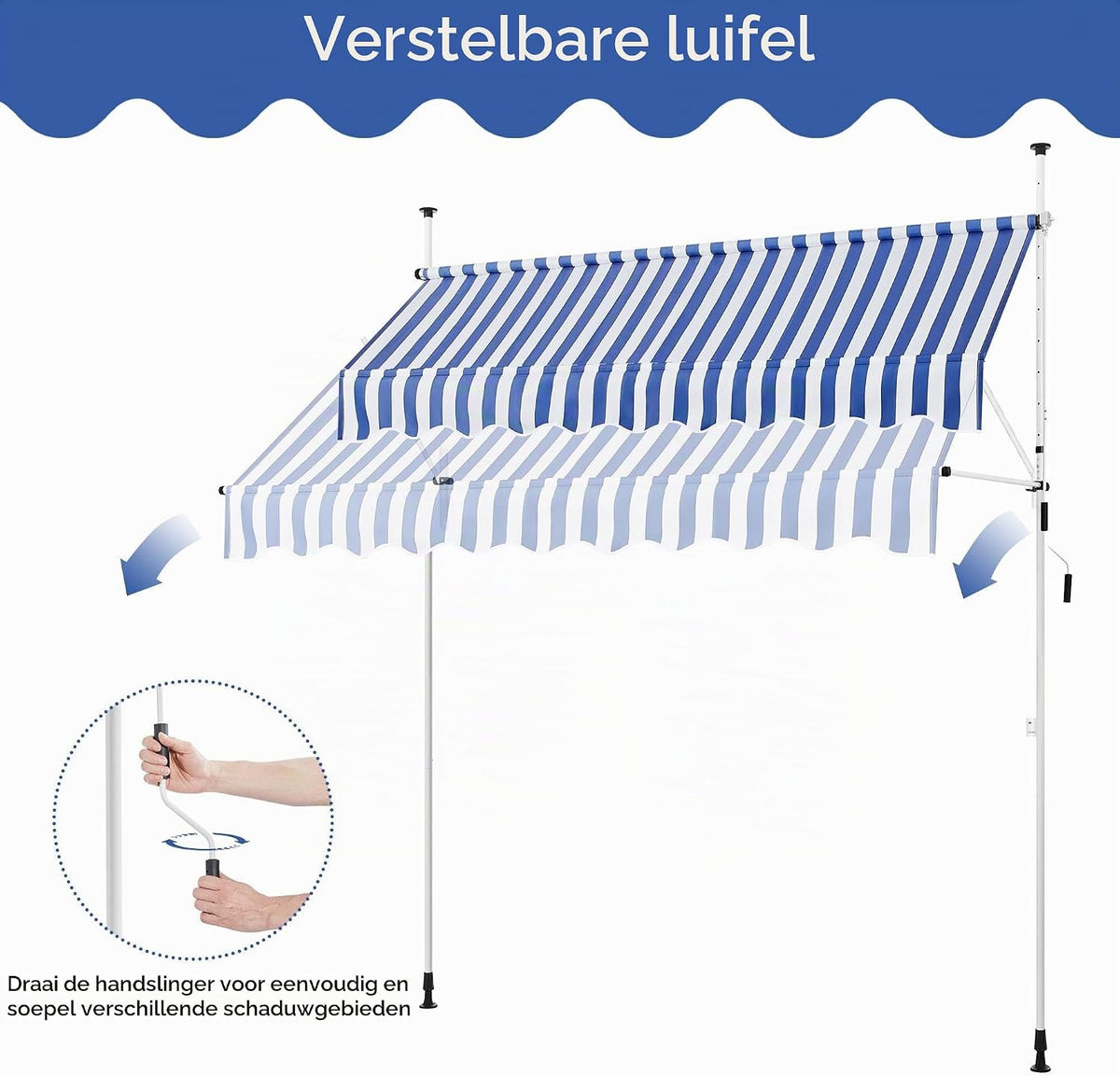 Yaheetech Store de balcon - Store à pince avec manivelle 250 cm - Réglable en hauteur - Bleu et blanc