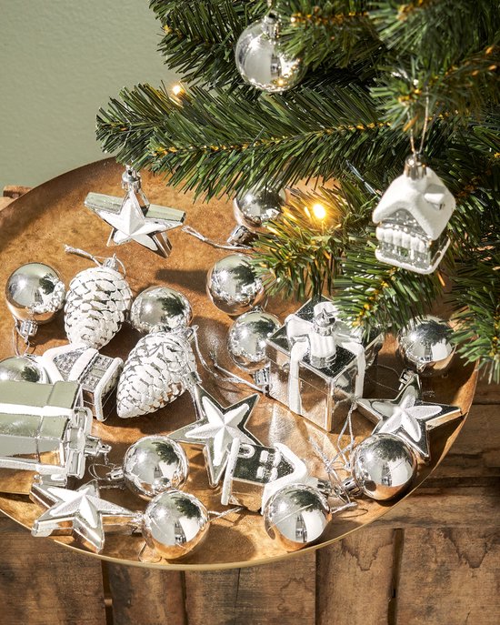 Sapin de Noël artificiel « Joy » de Black Box Trees - Avec 26 décorations et un éclairage LED - H 90 x Ø 50 cm - Vert et argent