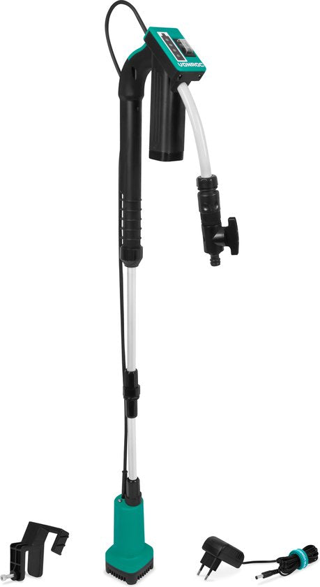 VONROC Pompe pour tonneau de pluie 12V avec batterie - 50W - 1500 lt/h - avec protection contre la marche à sec - connecteur universel pour tuyau d'arrosage - batterie et chargeur inclus