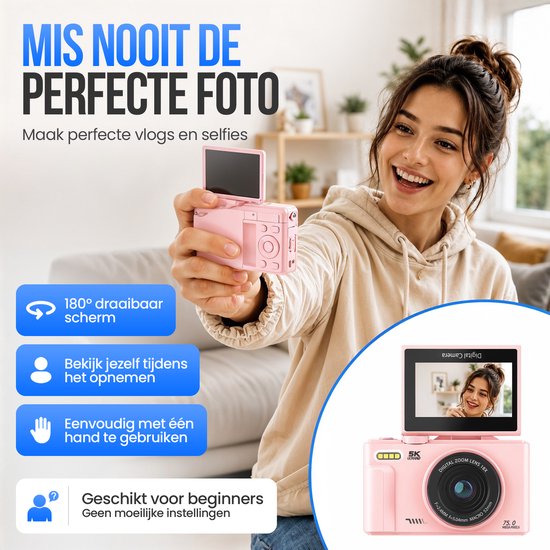 Appareil photo numérique Strex 5K 75 MP - Appareil photo - Appareil photo compact avec Wi-Fi - Appareil photo pour vlog - Appareil photo pour enfants - Zoom 18x - Écran orientable - Rose