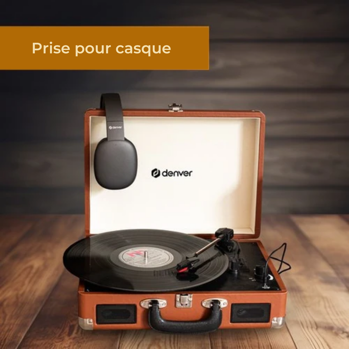 Platine vinyle rétro - Denver VPL120 - Haut-parleurs intégrés - Numérisation USB - 3 vitesses - Mallette portable - Marron