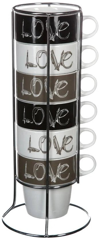 Secret de Gourmet Tasses à café « Love » - Lot de 6 dans un support métallique - Céramique - finition brillante - 260 ml - 8 x 9 cm