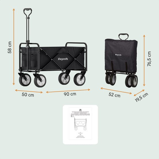 Chariot pliable LifeGoods - 94 L - Capacité de charge de 70 kg - 90 x 50 x 58 cm - Roues pivotantes - Chariot pliable avec housse lavable - Noir