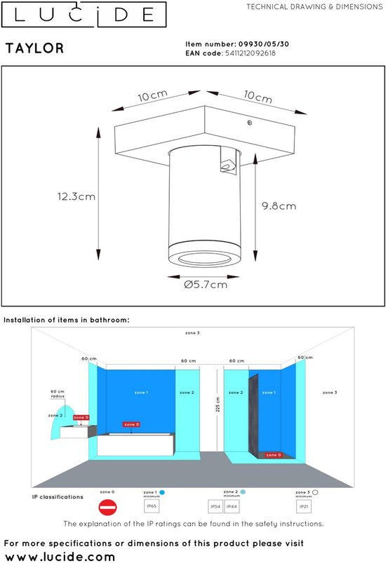 Lucide TAYLOR - Spot de plafond (lampe de plafond) pour salle de bains - LED « Dim to warm » - GU10 - 1x5 W 2200 K/3000 K - IP44 - Noir