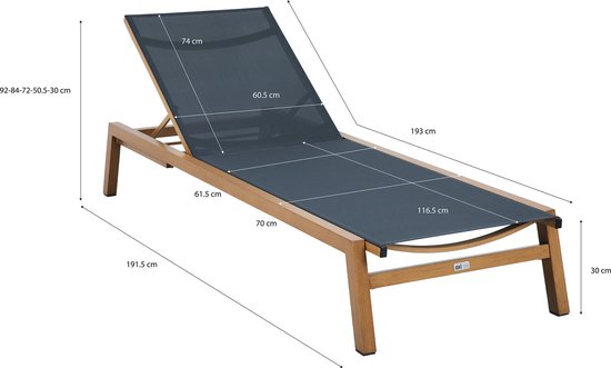 Chaise longue AXI Logan aspect bois/anthracite – Structure en aluminium thermolaqué – Dossier à 5 positions – Assise en Textileen – 193 x 70 cm