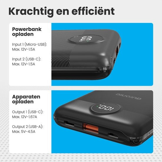 Auronic Powerbank - Chargeur rapide iPhone et Samsung - 10 000 mAh - 22,5W - 2 ports de charge - Chargement rapide via USB-A et USB-C - Noir