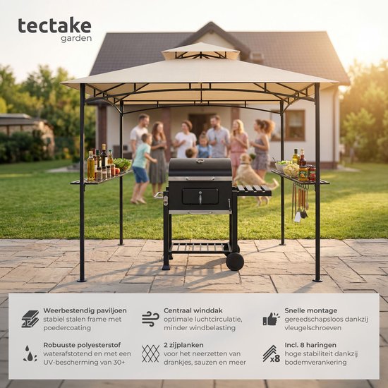Pavillon barbecue tectake® - Abri pour barbecue - 240 x 150 x 250 cm - Pavillon de jardin - Résistant aux intempéries - Protection UV - Système à double toit - Gazebo avec crochets de suspension, grilles et décapsuleur - Pavillon de barbecue - Couleur sab