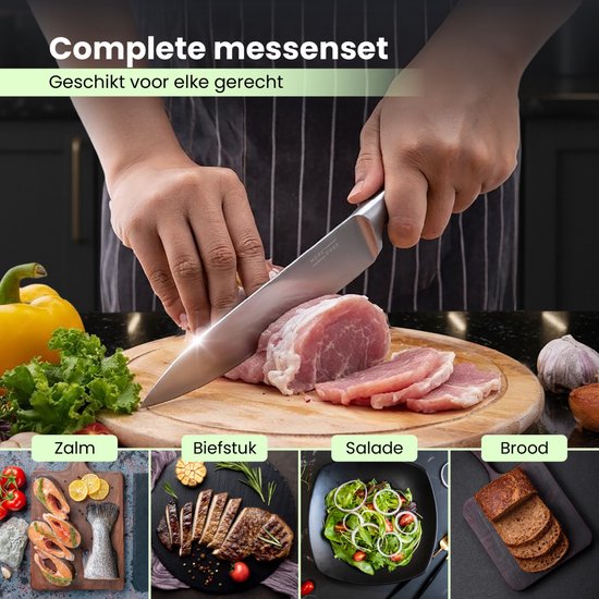 Ensemble de couteaux MoreCore avec bloc et aiguiseur - Bloc à couteaux - Couteaux de cuisine - Ciseaux de cuisine inclus - Couteau de chef - Résistant aux rayures - Acier inoxydable - Couleur argentée/noire - Cadeau pour la fête des pères