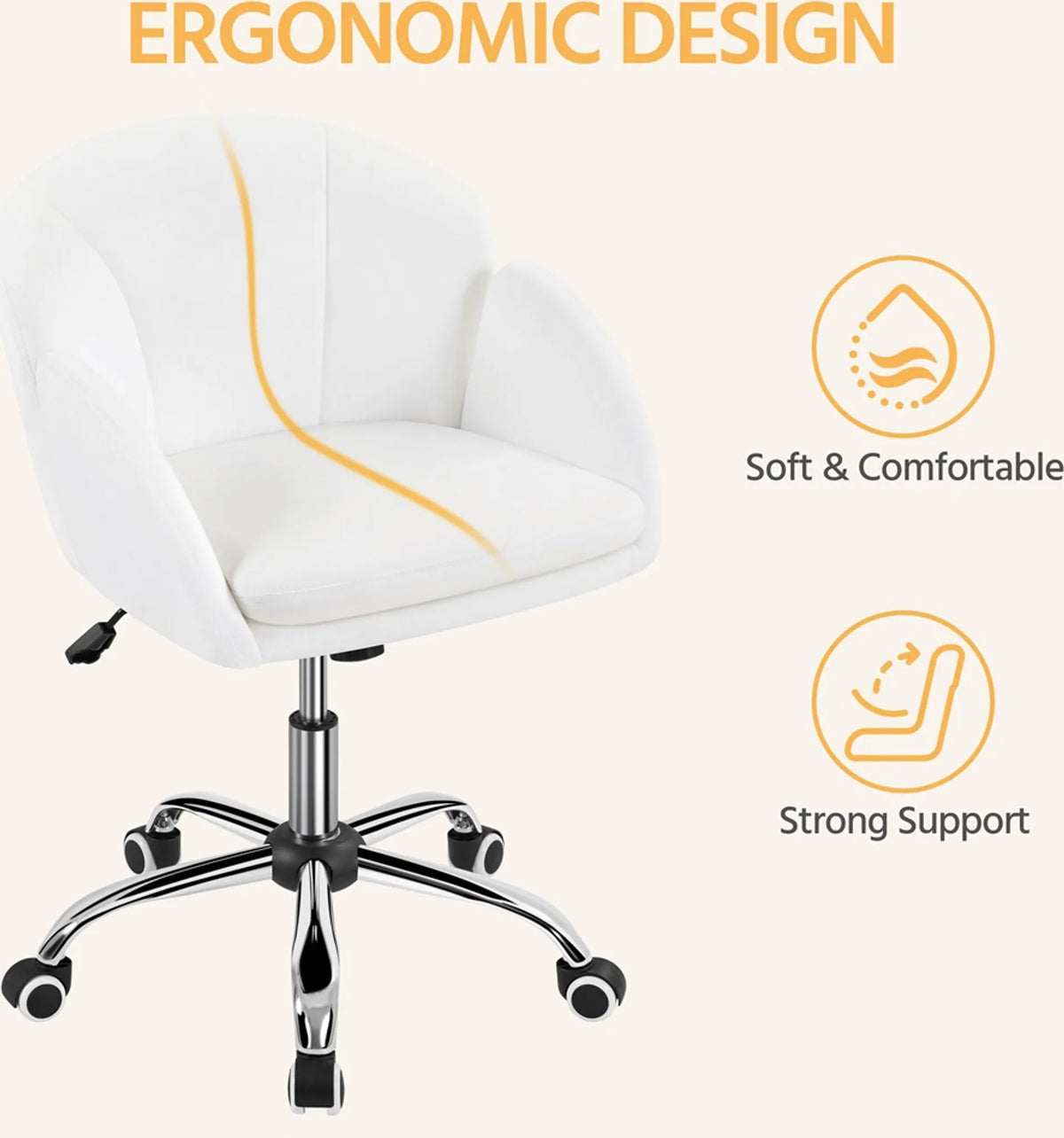 Yaheetech : élégante chaise de bureau avec motif floral, hauteur 72-81,5 cm – Blanc neige – Polyester et métal