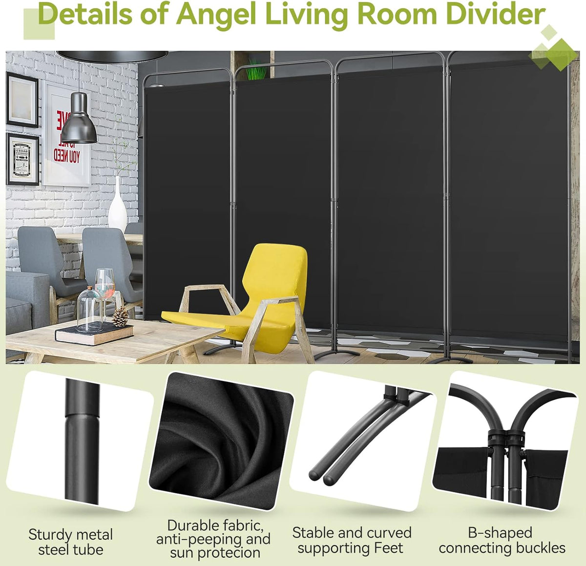 Angel Living Paravent de chambre - 4 pièces - 324x180 cm - Pliable - Acier et polyester - Autoportant - Séparation de pièces et intimité - Noir