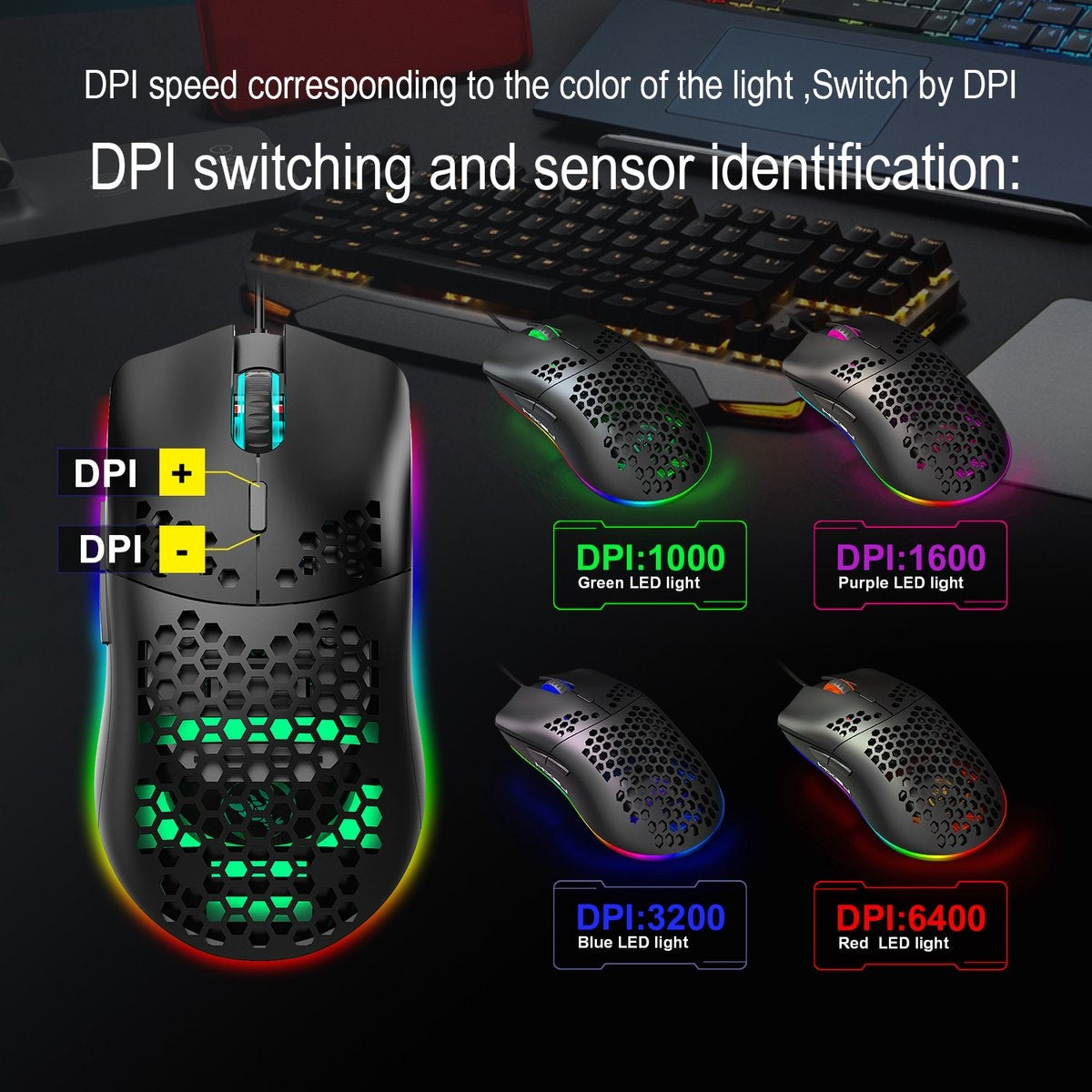 HXSJ J900 Souris de jeu optique - Ultra légère - Illumination RGB - 6400 DPI - Noir