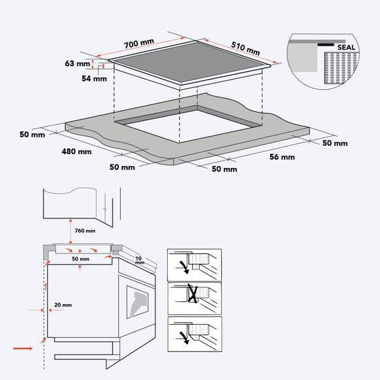 KitchenBrothers - Table de cuisson à induction encastrable - 70 cm - 4 zones de cuisson (2800W par zone) - Flex Zone & Turbo Boost - Verre & Céramique - Noir