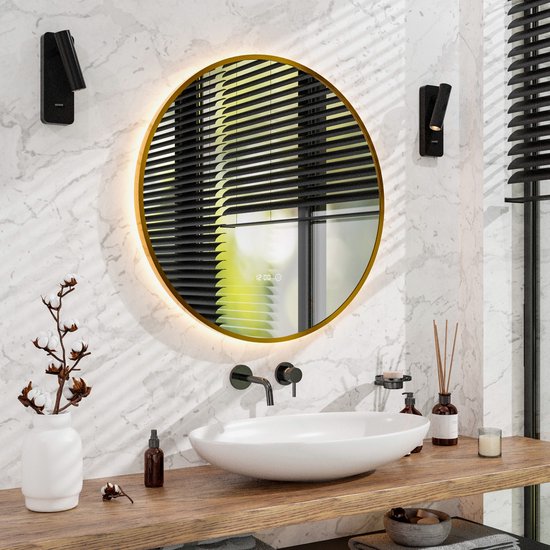 Mirlux Miroir de salle de bain avec éclairage LED et chauffage - Miroir mural rond - Miroir de douche anti-condensation - Cadre doré - 80CM