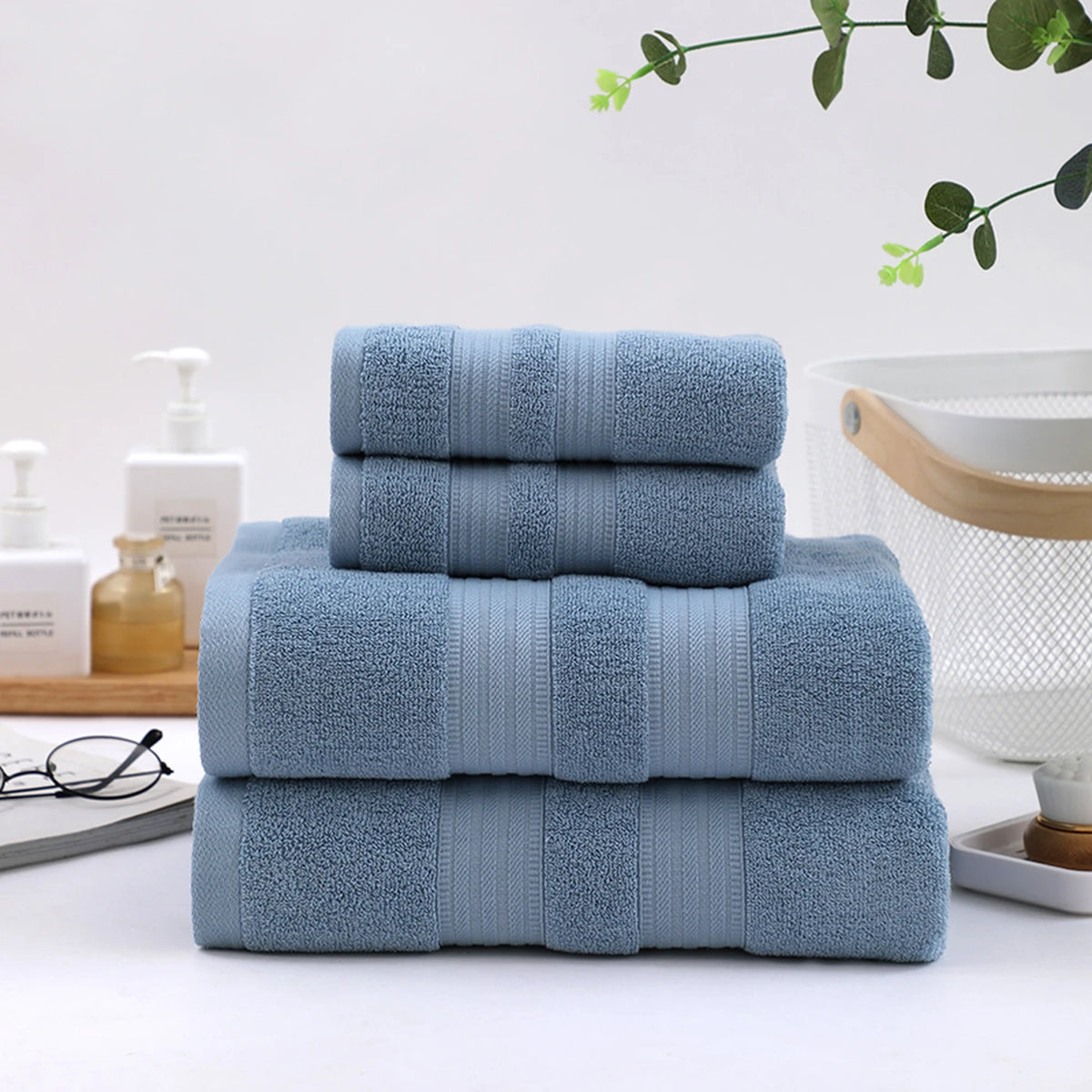 Lot de 4 serviettes de bain Tuqiang - Bleu - 100 % coton, fil brossé