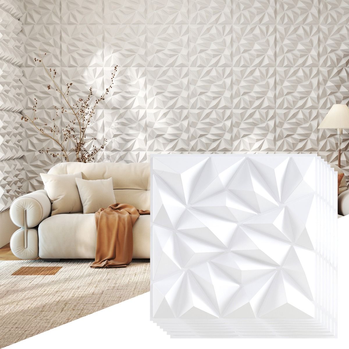 Panneaux muraux Coast 3D - motif en losange - autocollants - blancs 50 x 50 cm, 40 pièces, 10 m²