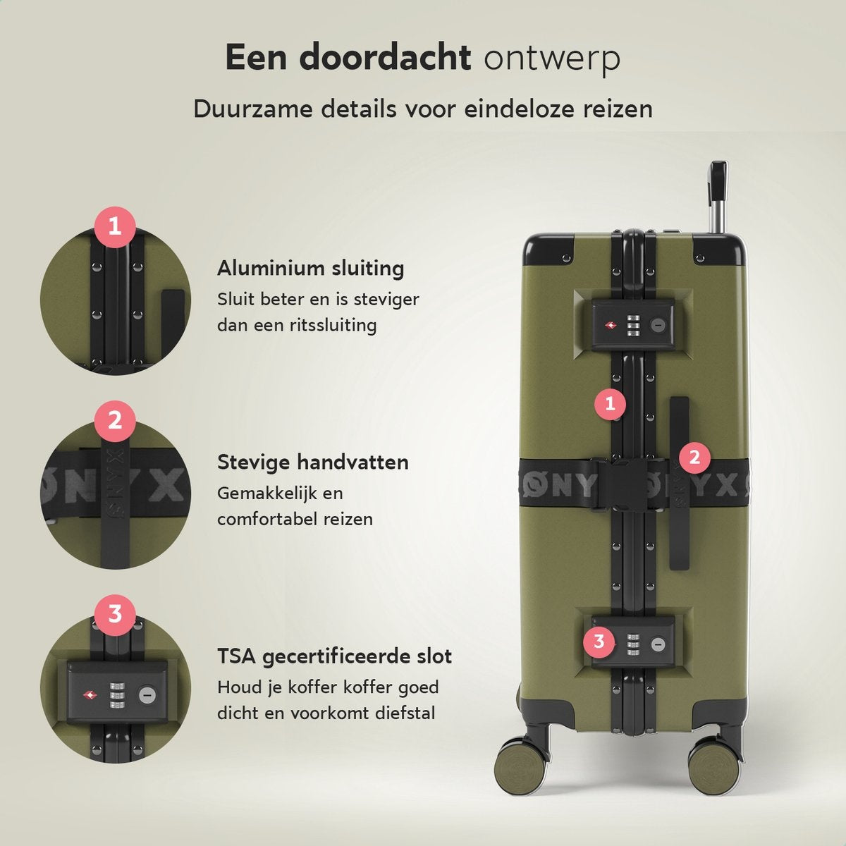 ONYX® Check-in Suitcase 65L - TSA lock - Spinner wheels - Lightweight Trolley - Aluminium closure - Olive green