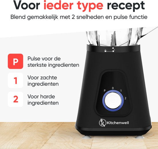 Blender -  Kitchenwell - Puissant mixeur à smoothie de 1300 watts - 1,5 litre - gobelet en verre -  Gobelet de sport inclus - acier inoxydable - Noir