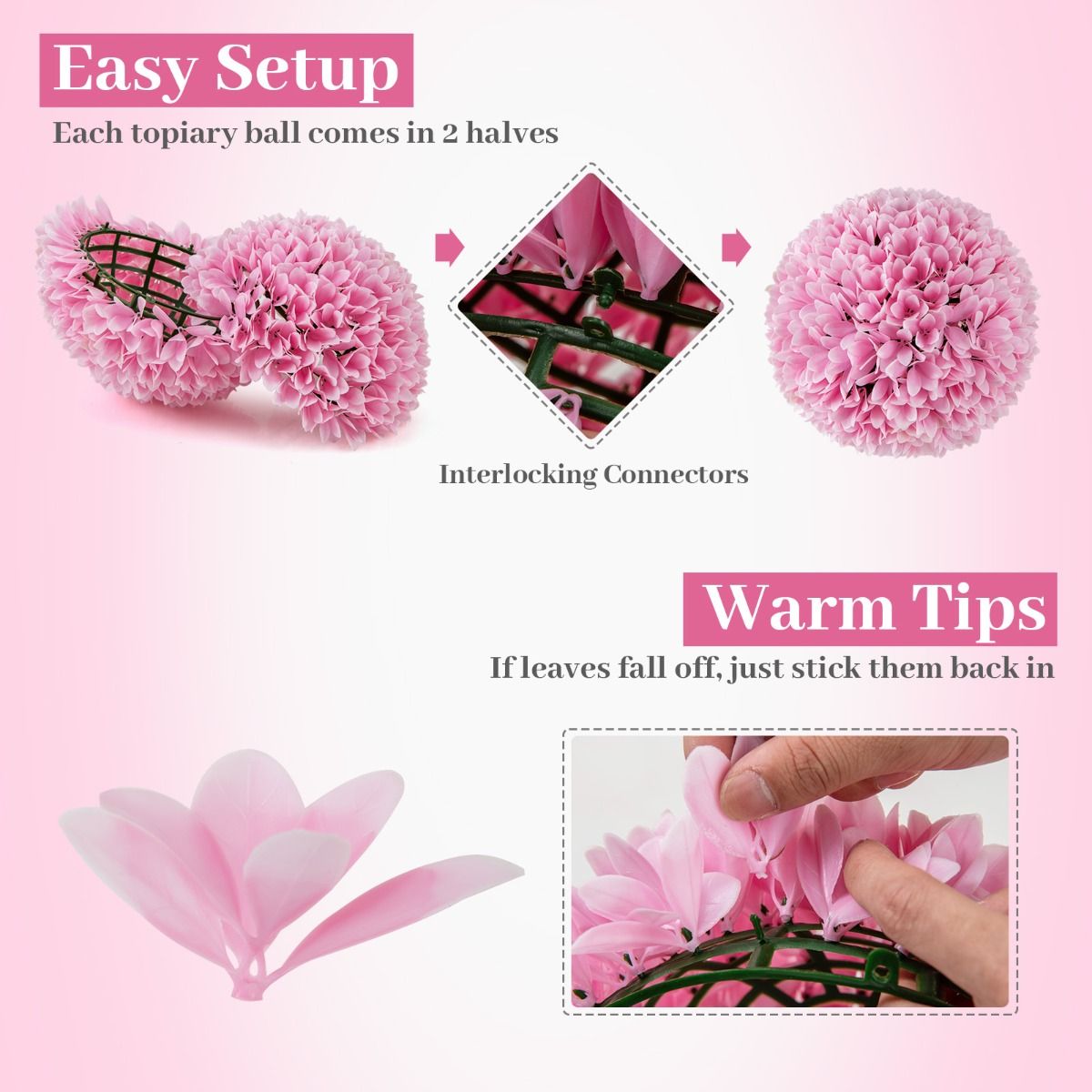 Coast - Lot de 2 boules de buis artificielles - feuillage réaliste - sans entretien - vert/rose - 28 cm
