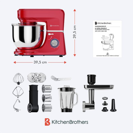 KitchenBrothers Robot de cuisine 6-en-1 - 1500W - Avec hachoir, blender et 15 accessoires - Bol en acier inoxydable de 6,2L - Rouge