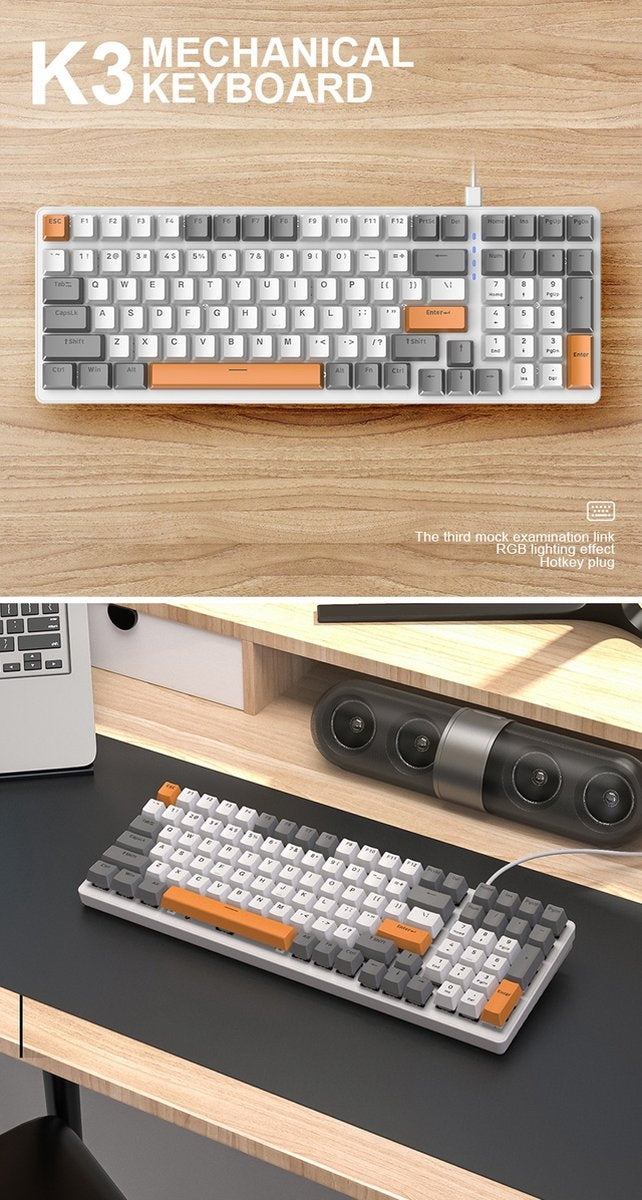 Fuegobird K3 Mechanical Gaming Keyboard - 100keys - Red Switch - QWERTY - Mechanical RGB Backlight Keyboard - White/Orange
