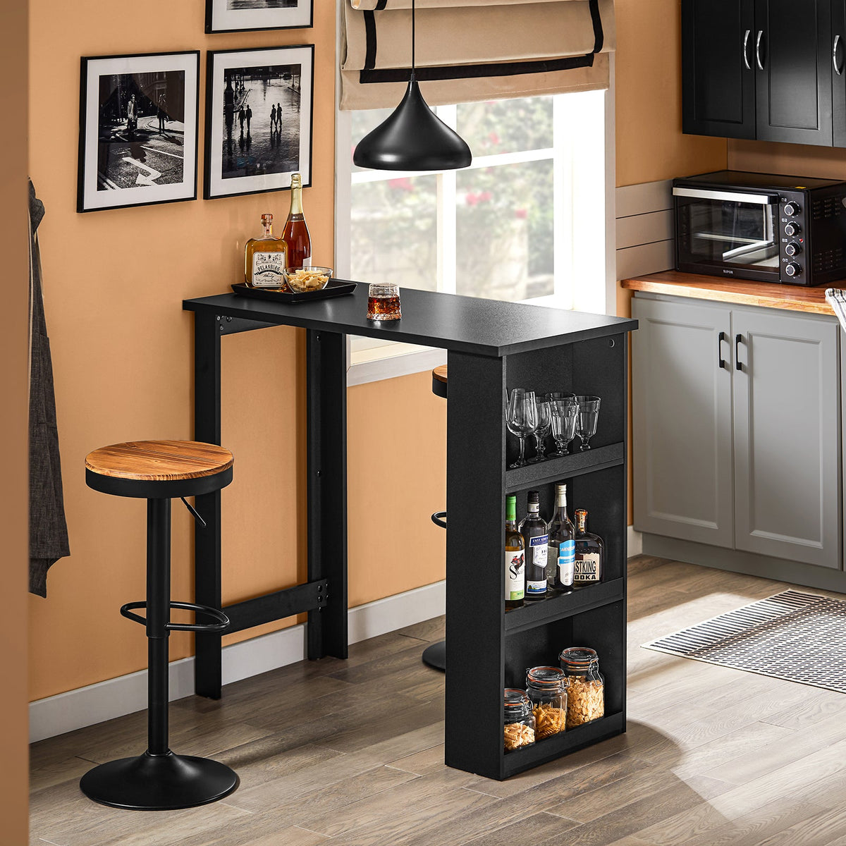 SoBuy FWT17-II-SCH Table de cuisine haute - Table de bar sur pied avec étagères de rangement pour les petits espaces - Noir - 112 x 57 x 106 cm