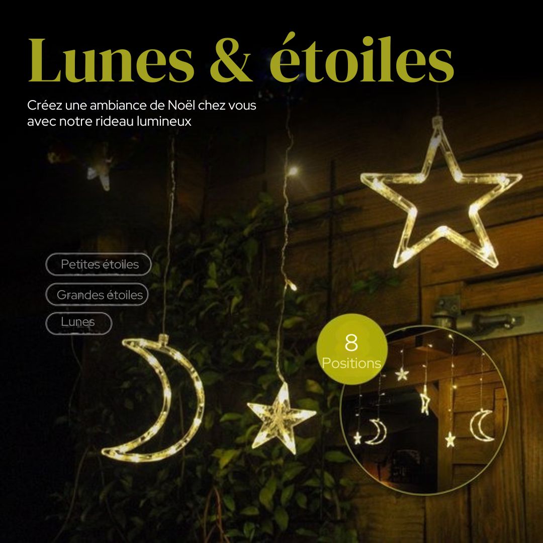 Light Curtain Giftmas  - Décoration suspendue - Intérieur/Extérieur - 3.5M - 120 LED  - Lunes et étoiles - Blanc chaud
