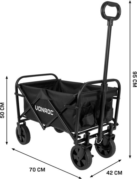 VONROC Wagon - Modèle compact - Pliable - Capacité de charge de 60 kg - Capacité de 50l - Roues solides anti-fuites - Cadre en acier robuste - Polyester 600D - Noir