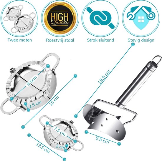 Qualisce Machine à raviolis - Machine à pâtes - Emporte-pièces - Coupe-raviolis - Rouleau à pâtisserie - Acier inoxydable