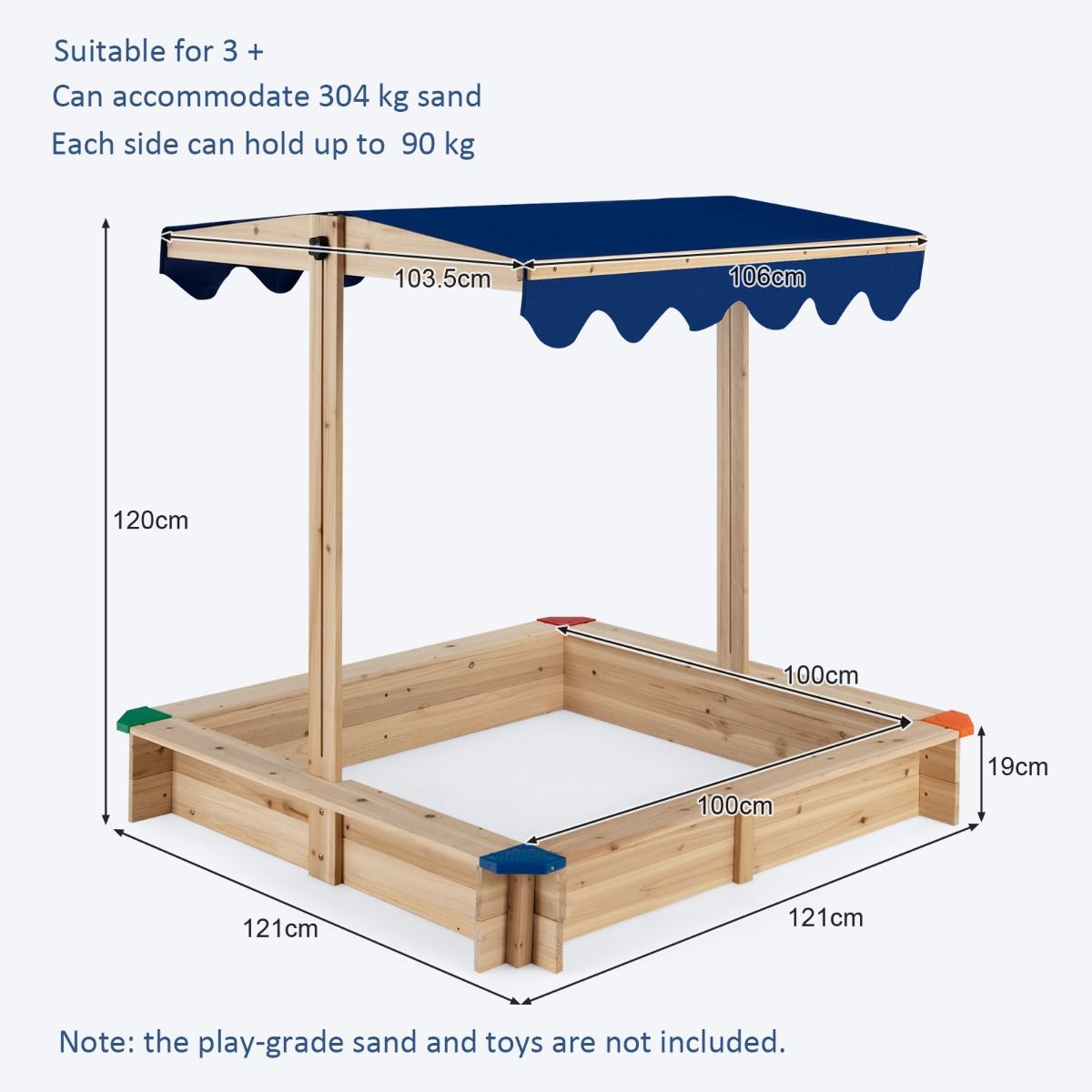 Bac à sable en bois Coast avec auvent réglable - sans fond - coin salon - bleu - 121 x 121 x 120 cm