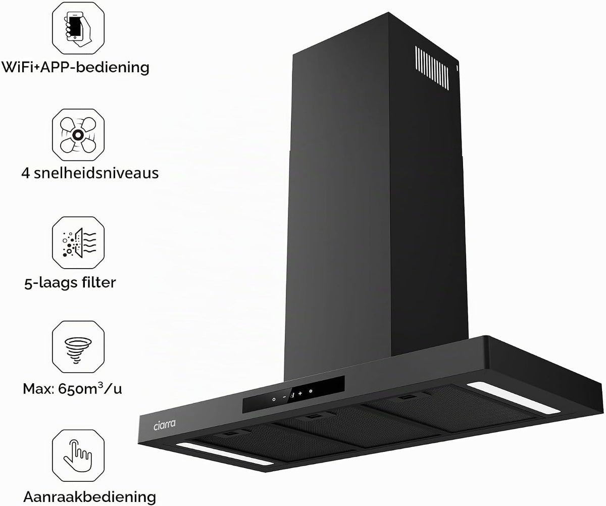 Hotte aspirante Ciarra CBCB9102-P - 90 cm - Noir - Wi-Fi et commandes tactiles
