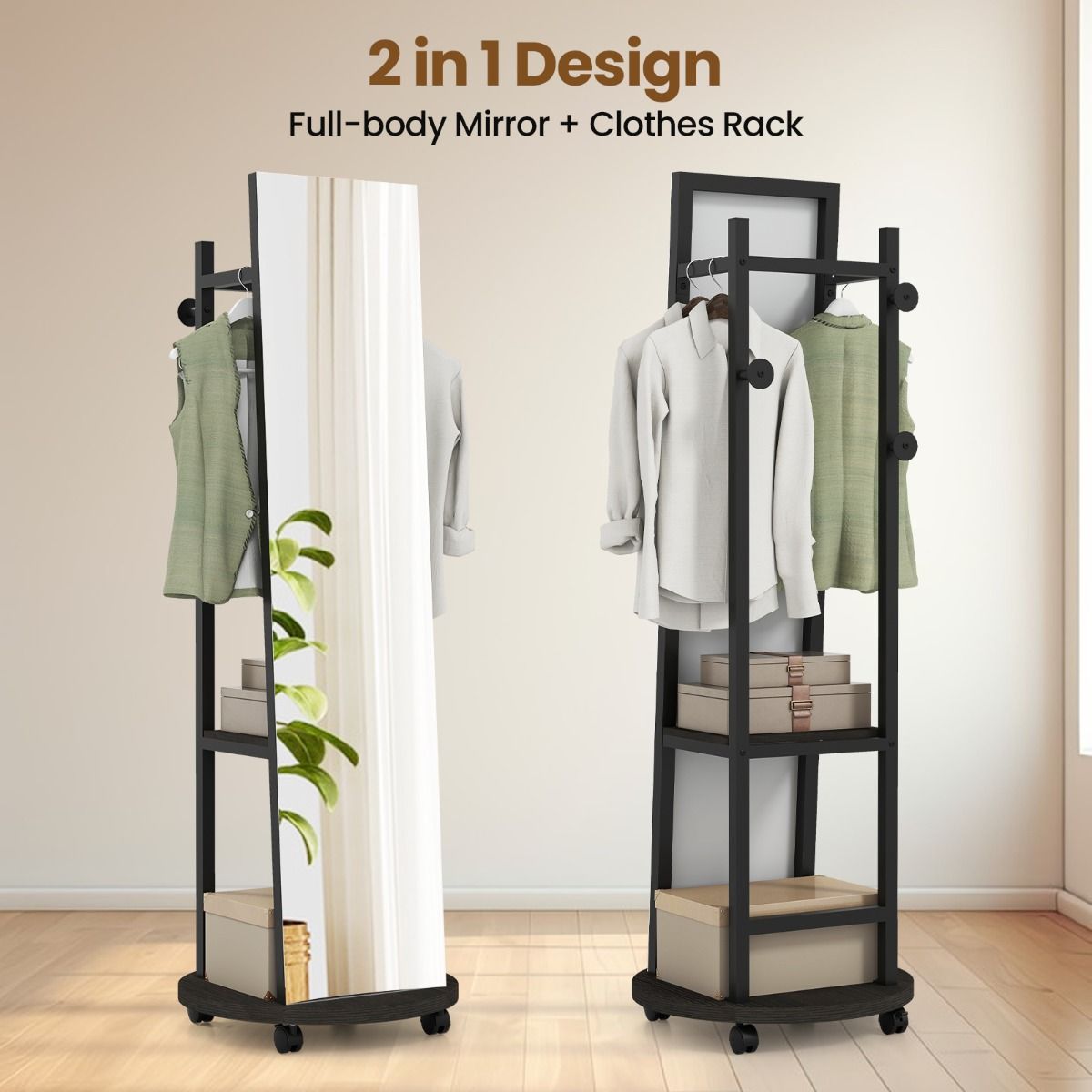 Porte-manteau Coast avec miroir - sur pied - étagères de rangement et crochets - noir et noyer