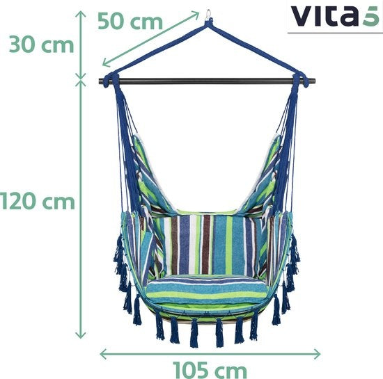 Vita5 XXL Chaise suspendue - Intérieur et extérieur - 2 coussins inclus - compartiment à livres - adultes - enfants - capacité de charge maximale 150kg - bleu/vert/blanc