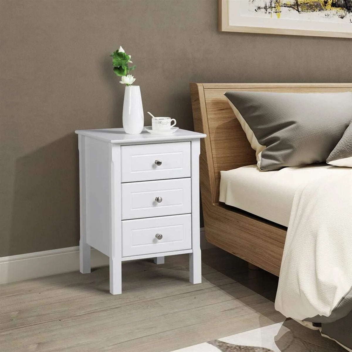 Yaheetech Table de chevet avec 3 tiroirs - équipée de poignées en aluminium, d'une surface laquée résistante à l'humidité et de guides de tiroirs de haute qualité - pour la chambre à coucher et le salon - MDF E1 blanc - 40 x 40 x 60 cm