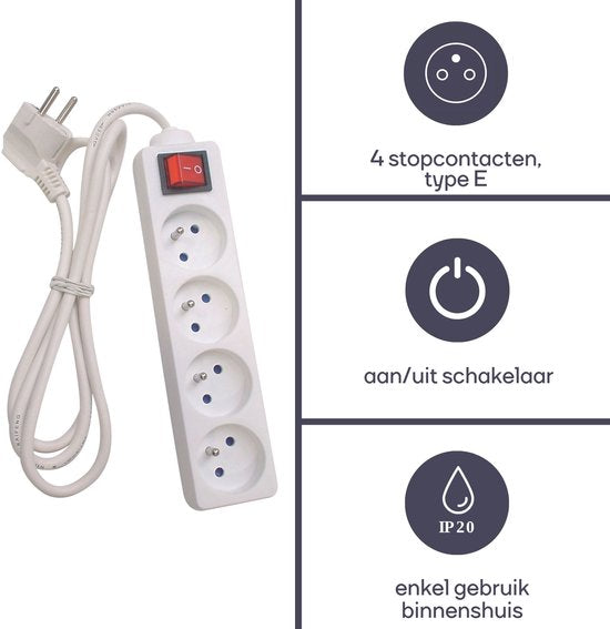 Multiprise Perel avec interrupteur, 4 prises avec broche de terre (type E), câble de 3 m, 3G1,5, usage intérieur, blanc