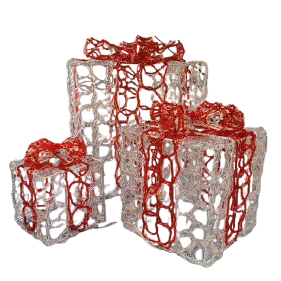 SPLENDEO Set de 3 cadeaux lumineux - 1 grand 1 moyen 1 petit - Acrylique - 60 ampoules - LED blanc