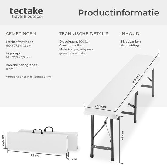 tectake® Lot de 2 bancs pliants - Bancs de jardin - 8 personnes - Banc de brasserie - Bancs portables pour table de camping - Table de brasserie - Table de pique-nique - Table de jardin - Capacité de charge de 500 kg par banc - Blanc