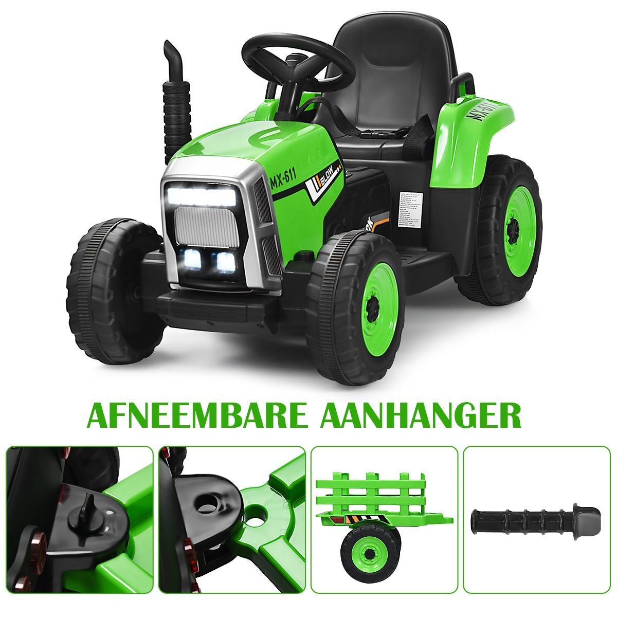 Tracteur pour enfants Coast avec remorque - 3 vitesses 12V - Vert