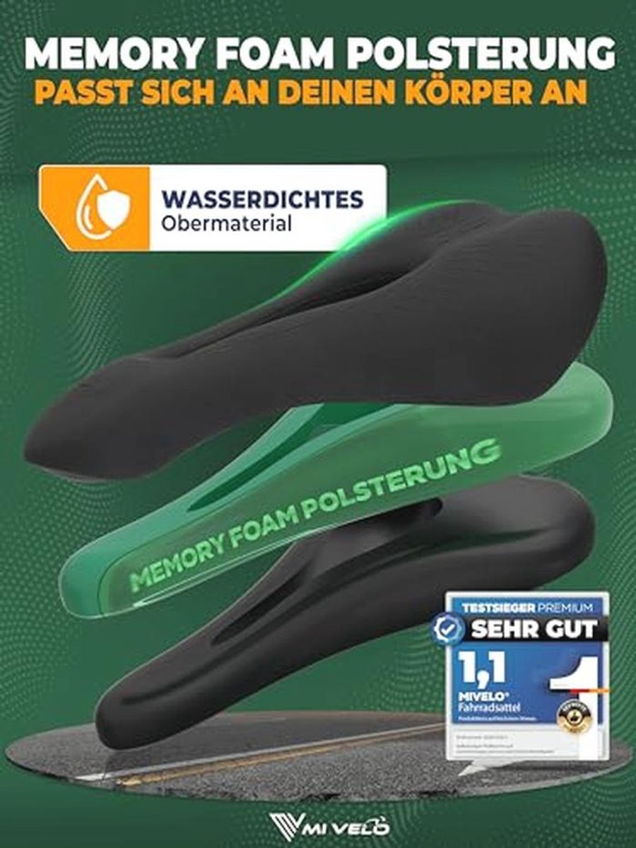 Selle de vélo MIVELO Comfort Pro pour femmes et hommes – Mousse à mémoire de forme ergonomique – Noir