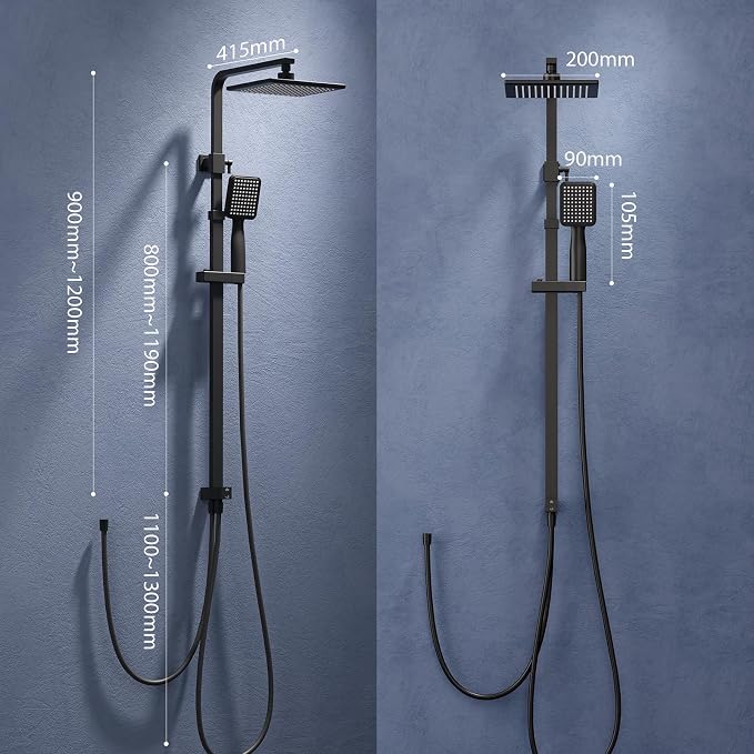 Ensemble de douche à effet pluie HOMELODY sans robinet – Douche de tête 20 x 20 cm – Douchette à main – Barre de douche réglable – Noir