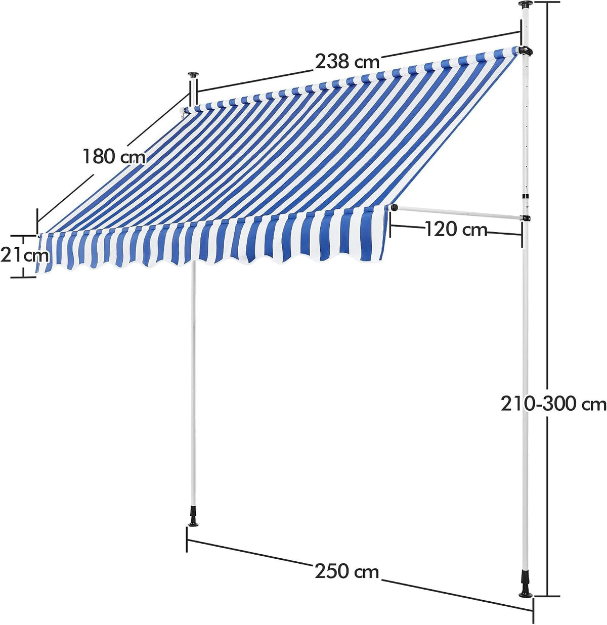 Yaheetech Store de balcon - Store à pince avec manivelle 250 cm - Réglable en hauteur - Bleu et blanc